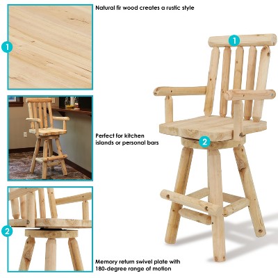 Natural Fir Wood Rustic Swivel Bar Stool with Armrests