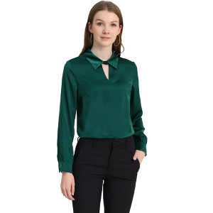 INSPIRE CHIC Women's Satin Long Sleeve Keyhole Collared Blouse - 1 of 4