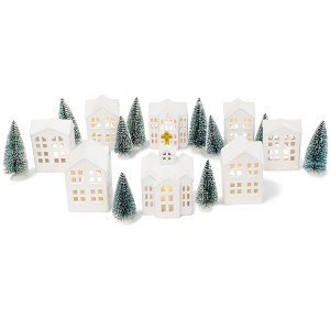 Elanze Designs White Christmas Glitter Village Porcelain Ceramic Figurines 30 Piece Set, Includes LED Tea Light Candles, Holiday Mantle, Tabletop - 1 of 4