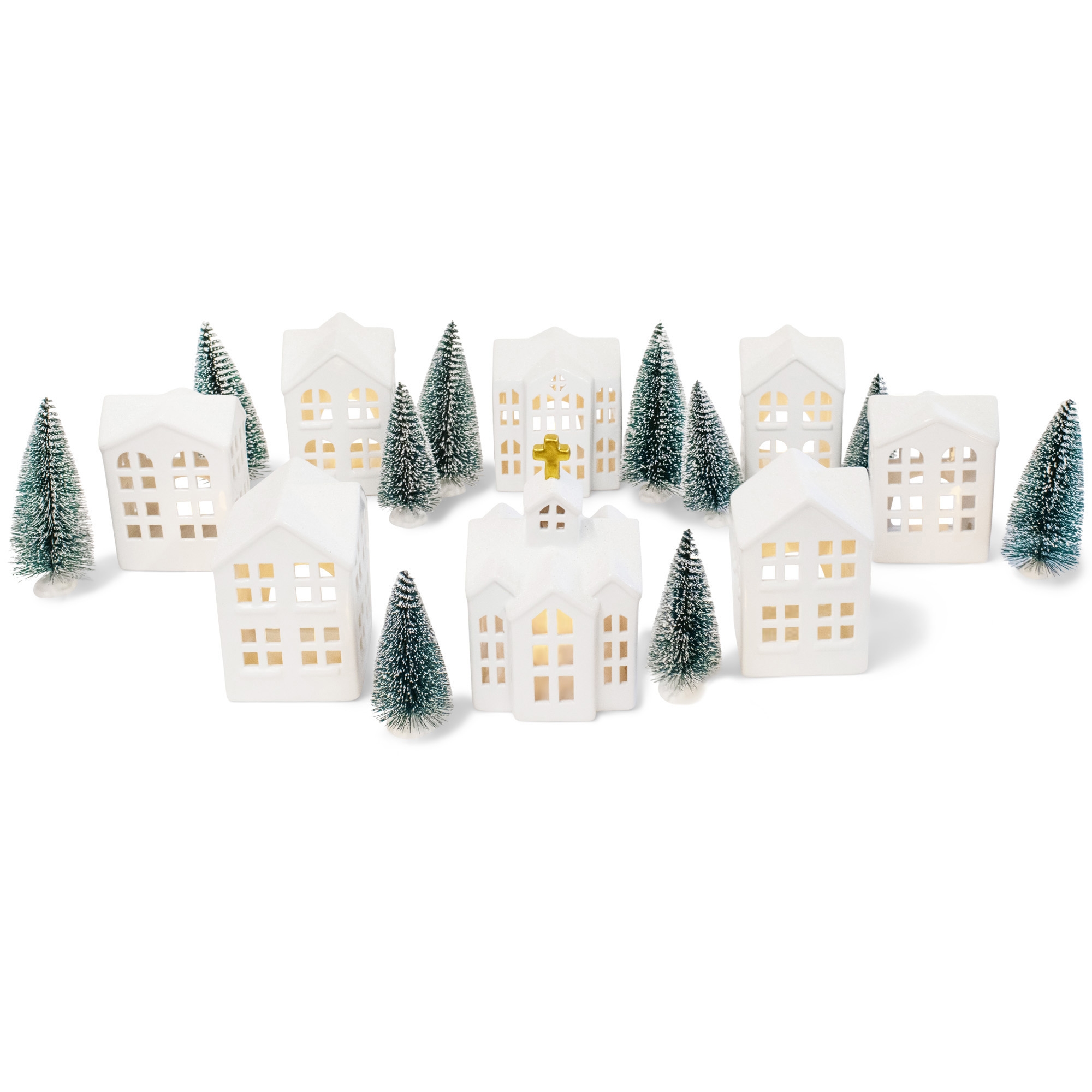 Elanze Designs White Christmas Glitter Village Porcelain Ceramic Figurines 30 Piece Set, Includes LED Tea Light Candles, Holiday Mantle, Tabletop