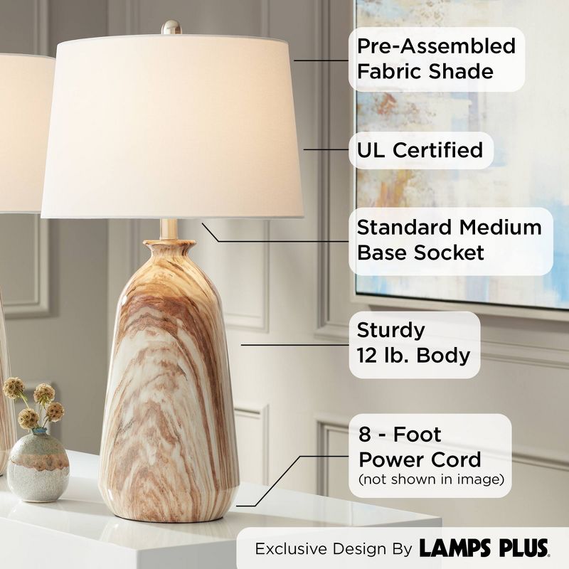 360 Lighting Carlton Modern Table Lamps 28" Tall Set of 2 Swirling Brown Faux Marble White Tapered Drum for Bedroom Living Room Bedside Nightstand, 3 of 9