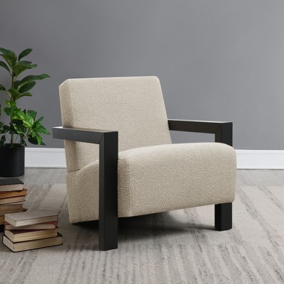 Boucle Fabric Upholstered Accent Arm Chair with Angled Armrests and Modern Geometric Silhouette