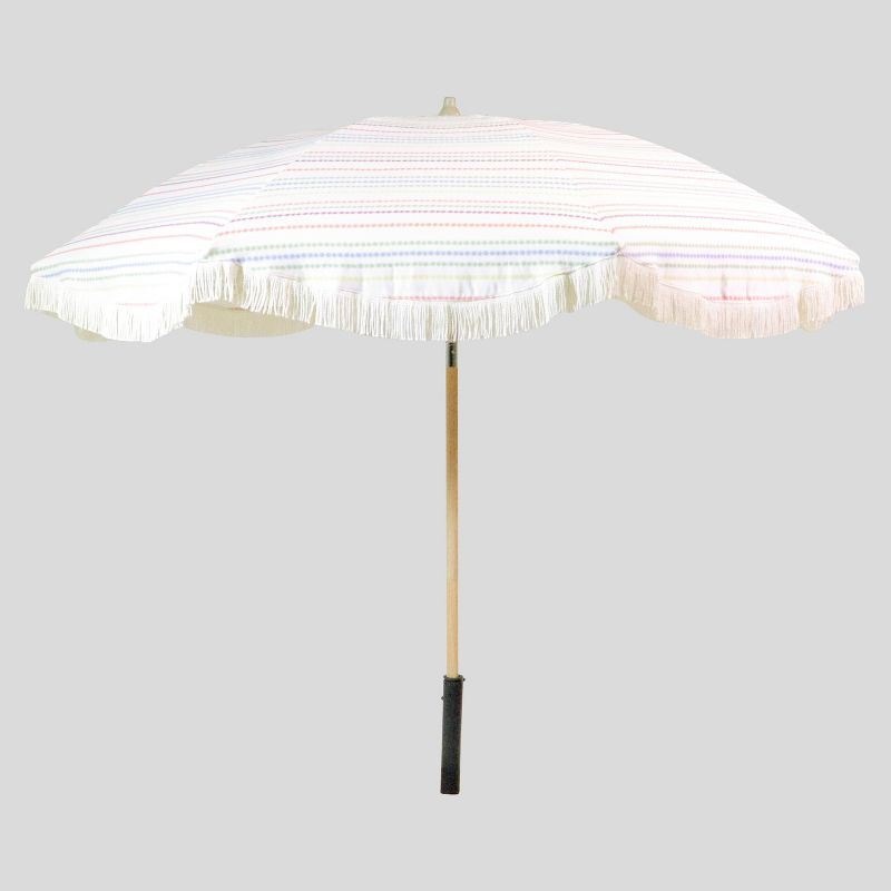 8.5&#39; x 8.5&#39; Brunch Stripe Scalloped Patio Umbrella White Fringe - Light Wood Pole - Opalhouse&#8482;, 1 of 4