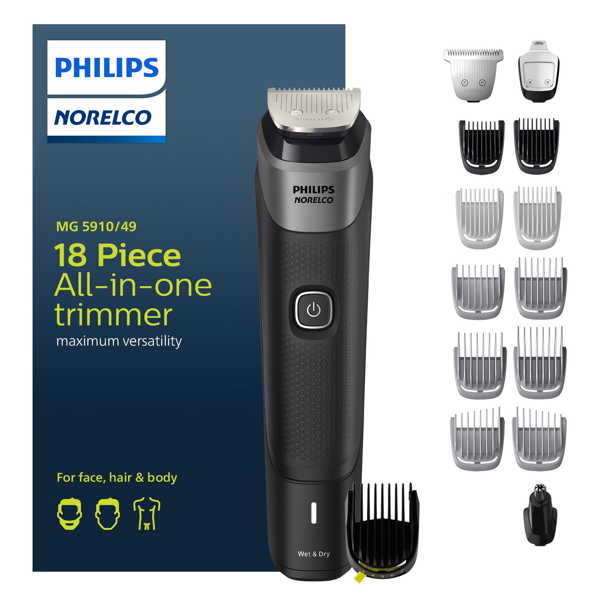 Philips Norelco Series 5000 Multigroom Men's Rechargeable Electric Trimmer - MG5910/49 - 18pc