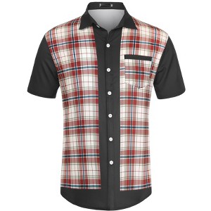 INSPIRE CHIC Men's Short Sleeves Button Color Block Patchwork Plaid Shirts - 1 of 4