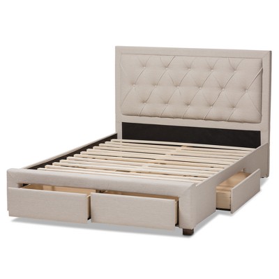 Luxurious King-Sized Light Beige Upholstered Bed with Tufted Headboard and Storage Drawers