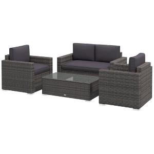 4 Pieces Rattan Sofa Set Wicker Patio Sofa Set with Loveseat Chairs Glass Top Coffee Table for Garden Outdoor - 1 of 4