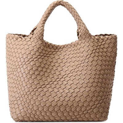 Paaaawaters Woven Bag for Women, Vegan Leather Tote Bag Large Summer Beach Travel Handbag
