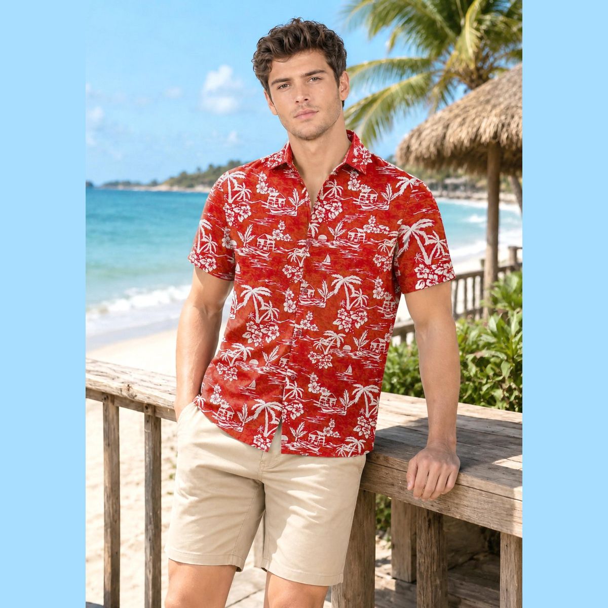 LA LEELA Men's Hawaiian Shirt Luau Vacation Summer 3X-Large Red Beach - thumbnail 3