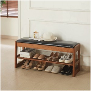 MOEPISY 40-Inch Wooden Shoe Stool With PU Pads, 2-Layer Shoe Rack Entrance Bench With Storage Boxes - 1 of 4