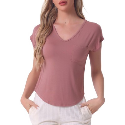 cheibear Women's Viscose Smile-shaped Hem V-Neck Pajamas Top with Chest Pocket