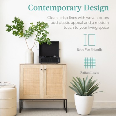 Natural Rattan 2-Door Storage Cabinet with Black Metal Legs