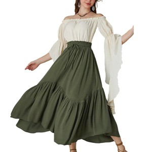 Maxi Skirts for Women High Waist Vintage Skirt Tiered Long Skirt with Pockets Flowy High Low Hemline Skirts - 1 of 4