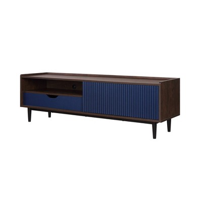 Duane Dark Brown and Navy Blue Ribbed TV Stand with Cabinet