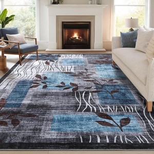 Acekool 5x7 Washable Area Rug, Soft Floral Checkered, Non-Slip, Low-Pile Modern Accent Carpet for Living Room, Bedroom, Dining Room, Blue - 1 of 4