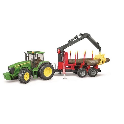 Bruder John Deere 7930 Forestry and Farm Tractor with Logging Trailer,  Articulated Crane Arm and 4 Tree Trunks