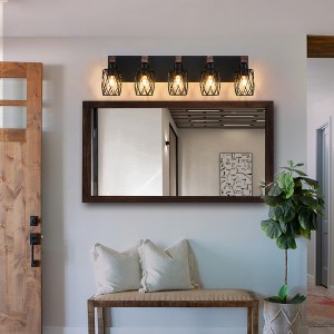 31" Industrial Vintage 5-Light Wall Sconce - Black Cage Wall Lighting Fixture with Wooden Accents for Bathroom,Hallway,Living Room (Bulb Not Included) - 1 of 4