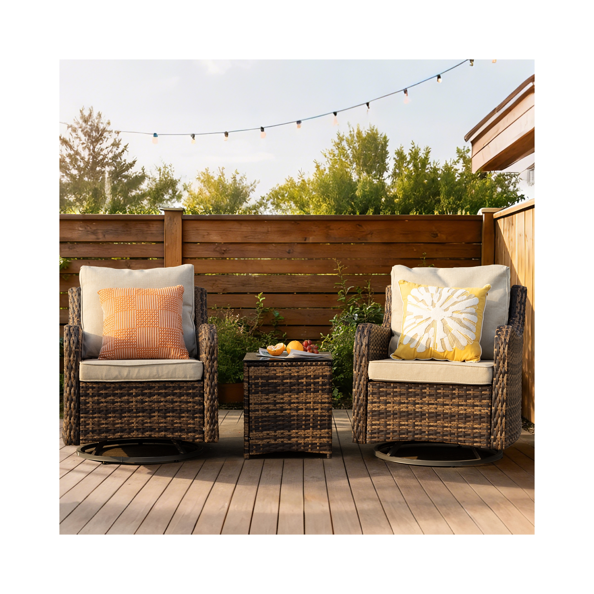 3 Piece Outdoor Swivel Rocking Chairs Patio Furniture Bistro Set with 360° Wood Armrests Glide Chairs and Side Table