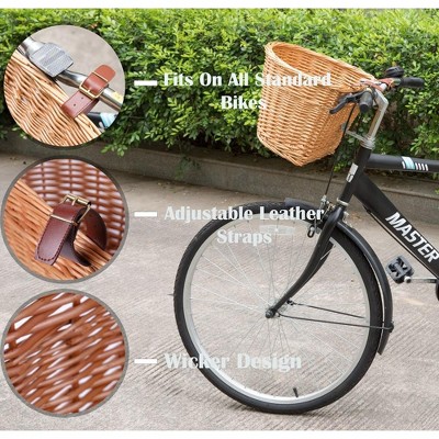 Brown Wicker Front Bike Basket with Faux Leather Straps