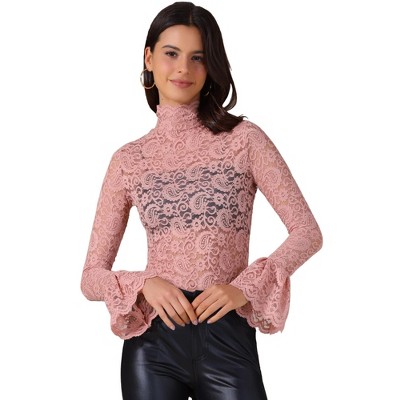 INSPIRE CHIC Women's Floral Lace Mesh Mock Neck Long Bell Sleeve Casual Dressy Blouse