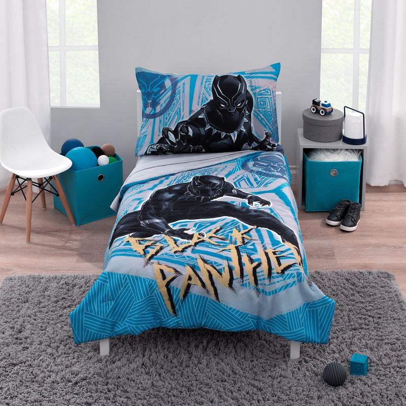 Marvel Black Panther Blue, Black, and Grey Warrior King 4 Piece Toddler Bed Set, 1 of 7