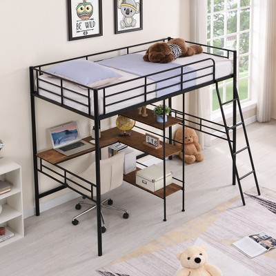 Whisen Modern Style Twin Size Metal Loft Bed and Built-in Desk and Shelves