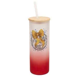 Elanze Designs 25 Ounce Frosted Glass Gradient Travel Tumbler With Straw and Wooden Lid, Volleyball With Gold Bow Red - 1 of 1