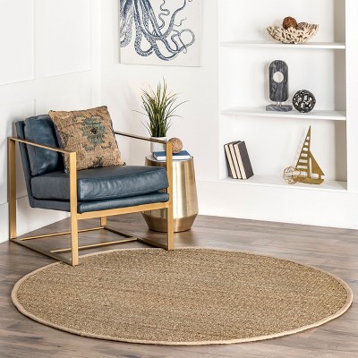 Elijah Beige Seagrass Round 4' Area Rug with Cotton Border