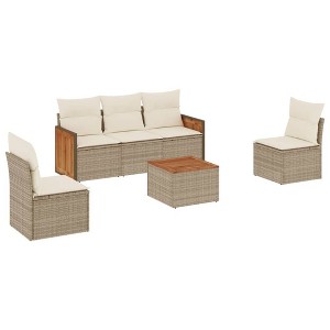 vidaXL 6 Piece Patio Sofa Set with Cushions Beige and Cream Poly Rattan - With Table - 1 of 4