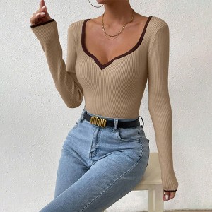 Women's Fashion V-Neck Knitted Top, Slim Fit Solid Color Versatile Long Sleeve Blouse for Layering & Casual Wear - 1 of 4