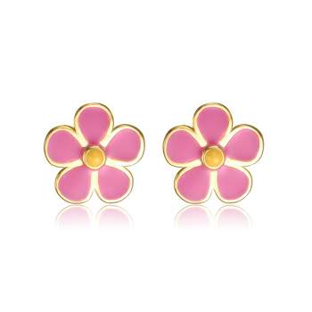 14k Gold Plated Fuchsia-Pink & Yellow Enamel Daisy Stud Earrings