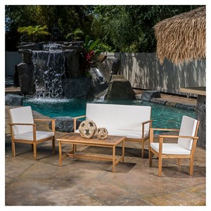 Luciano 4pc Acacia Wood Patio Chat Set with Cushions - Brown Patina - Christopher Knight Home: Outdoor Furniture Set with Coffee Table - 1 of 4