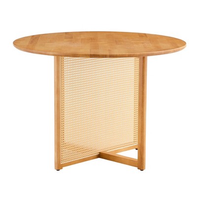 Vynxaria Retro Solid Wood Round Table, Modern Imitation Rattan Desk for Dining/Living/Office