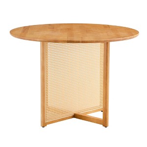 Vynxaria Retro Solid Wood Round Table, Modern Imitation Rattan Desk for Dining/Living/Office - 1 of 4