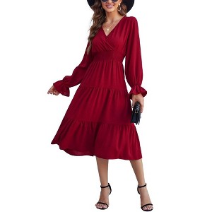 Women's Casual Wrap V Neck Midi Dress Long Sleeve Smocked Waist Tiered A Line Pleated Flowy Long Dress - 1 of 4