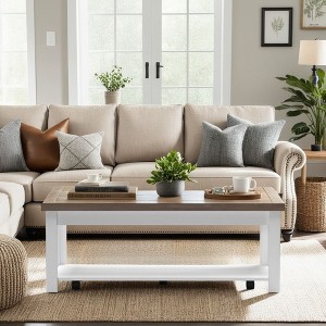 48" Poplar Wood Coffee Table with Lower Shelf and Caster Wheels, No Assembly Required, Ideal for Living Room or Family Room - 1 of 4