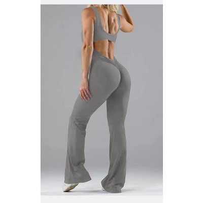 DOMETOUR Women's Yoga Sport Jumpsuit Flared Leg U-Neckline Backless Ruched High Waist Jumpsuit