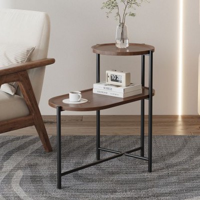 CENGHU Round Coffee Table with Storage Tray 2 Tier Oval, Wooden Small Side Table, Modern End Table, Nightstand for Living Room, Bedroom