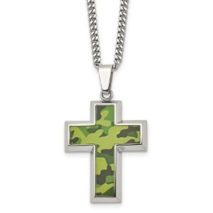 Black Bow Jewelry Men's Stainless Steel Printed Green Camo Cross Necklace, 22 inch - 1 of 4