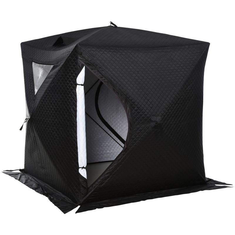 Outsunny 2 Person Ice Fishing Shelter with Padded Walls, Thermal Waterproof Portable Pop Up Ice Tent with 2 Doors, Black, 4 of 9