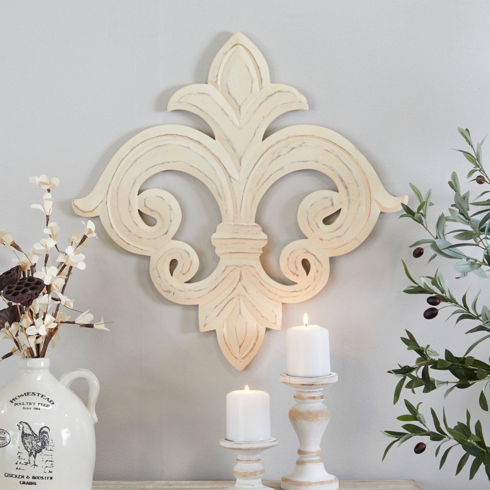 Photos - Wallpaper Wooden Fleur De Lis Carved Wall Decor White - Olivia & May