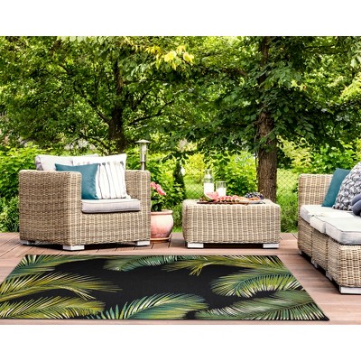 Black and Green Palm Leaf Flatwoven Wool Indoor/Outdoor Rug