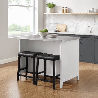 Silvia White Kitchen Island with Stainless Steel Top and Black Upholstered Saddle Stools