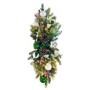 Puleo 28" Pre-Lit Battery-Operated Green Ribbon Banister Swag - 1 of 4