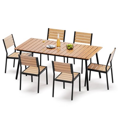 Crestlive Products Outdoor Dining Set Patio Dining Table with chairs Wooden-Like Top and Aluminum Frame Umbrella Hole