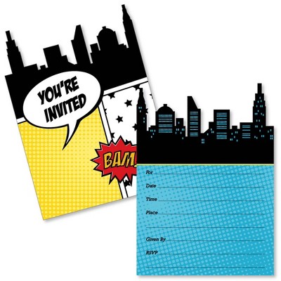 Big Dot of Happiness Bam Superhero - Shaped Fill-in Invitations - Baby Shower or Birthday Party Invitation Cards with Envelopes - Set of 12