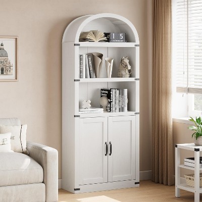 Bookcase 5 Shelf Arched Bookshelf 71.65in Tall Bookcase Farmhouse Display Storage Rack Wooden Bookshelves for Home Office, Living Room