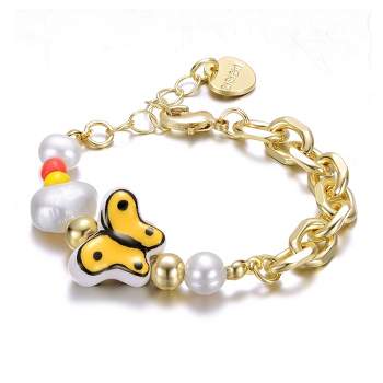 Guili 14k Yellow Gold Plated Multi Color Beads bracelet with Freshwater Pearls and a Butterfly Charm for Kids