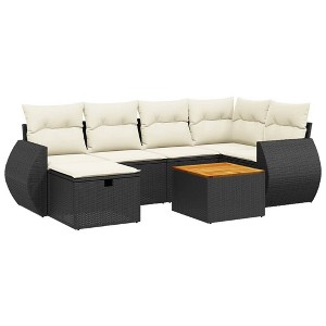 vidaXL Patio Sofa Set with Cushions Outdoor Furniture 7 Piece Poly Rattan - Black and Cream without Storage - 1 of 4