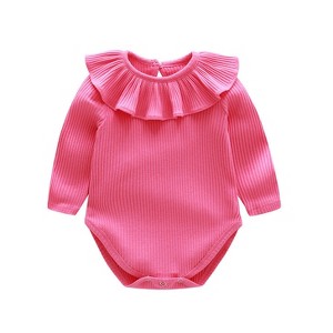 MyKids-Usa Baby Solid Color Ruffle & Buttoned Design Long-Sleeved O-Neck Onesies - 1 of 4
